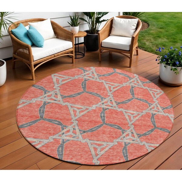 Homeroots 8' Coral And Taupe Round Geometric Washable Indoor Outdoor Area Rug 613490 - main