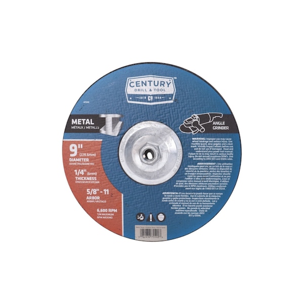 Century Drill & Tool Metal Grinding Wheel, Type 27, 9 in Dia, 1/4 in Thick, 5/8 in-11 Arbor Hole Size, Aluminum Oxide 75592 - main