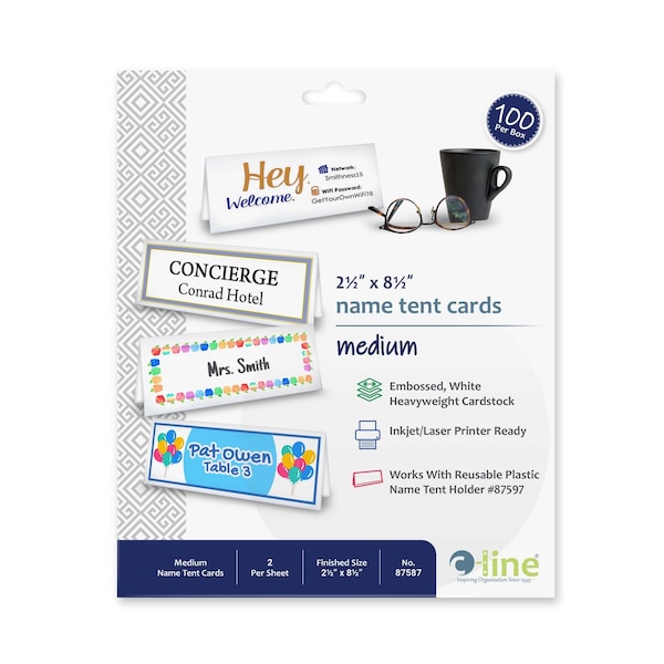 C-Line Products 2-1/2" x 8-1/2" Medium White Scored Name Tent Cardstock for Laser/Inkjet Printers, 100/BX 87587 - main