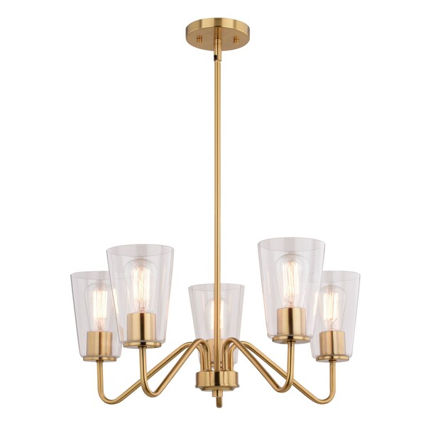 Vaxcel Beverly 5 Light Gold Muted Brass Chandelier Fixture Clear Glass Shade, LED Compatible H0286 - main