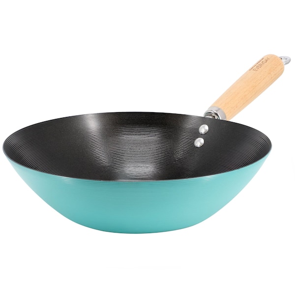 Martha Stewart Everyday Clarkston 10 Inch Nonstick Carbon Steel Wok with Wooden Handle in Teal 141038.01 - main