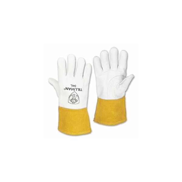 Tillman MIG Welding Gloves, 34, Top Gr Cowhide Palm/BOH/Split CH Cuff, Lg, Pearl/Bourbon Brn, 4 in Str, 6PK 724-34L - main