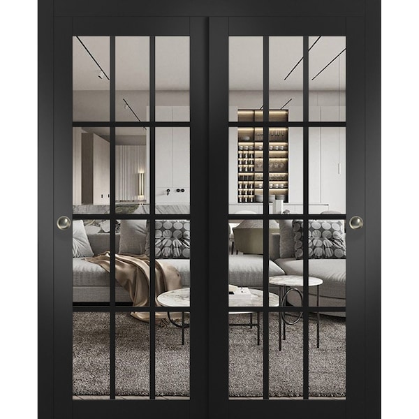Sartodoors Sliding Closet Bypass Doors, Felicia 3355 Matte Black with Clear Glass, Sturdy Rails Moldings Trim FELICIA3355DBD-BLK-84 - main