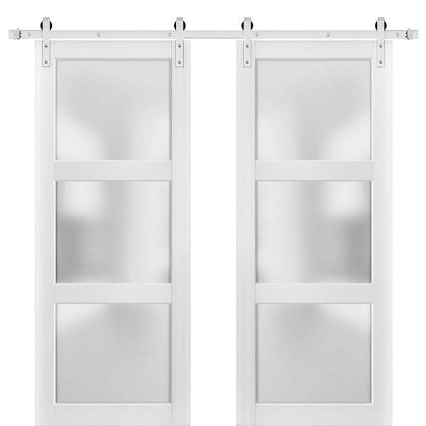 Sartodoors Sliding Double Barn Doors with Hardware, Lucia 2552 White Silk with Opaque Glass, 13FT Silver Rail LUCIA2552DB-S-BEM-84 x 84 (2* 42x84)-Frosted Glass - main