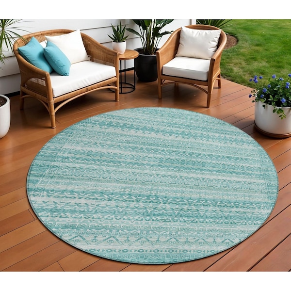Homeroots 8' Aqua And Ivory Round Striped Washable Indoor Outdoor Area Rug 631475 - main