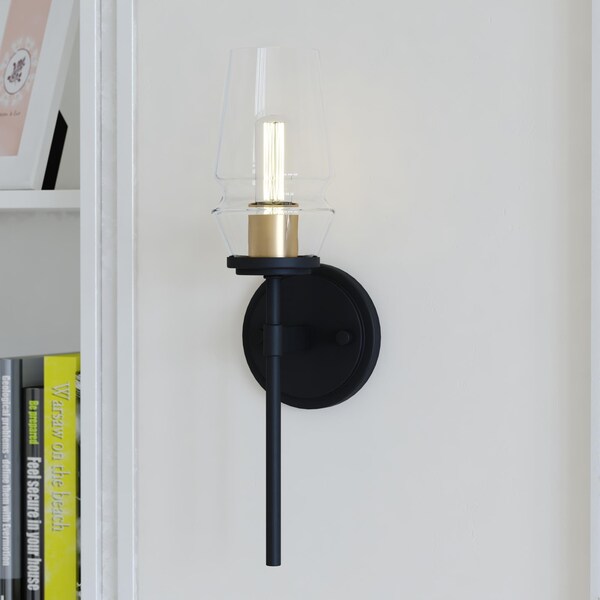 Vaxcel Warren 1 Light Black and Brass Mid Century Modern Bathroom Vanity Wall Sconce Fixture Clear Glass W0391 - main