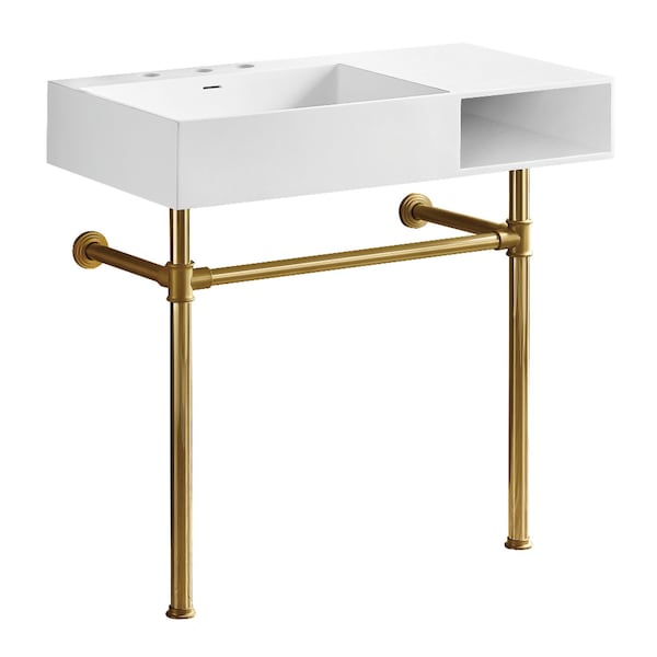 Kingston Brass 36" Solid Surface Console Sink with Stainless Steel Legs, 8-Inch, 3-Hole, Matte White/Brushed Brass KVPB3368SQA7 - main