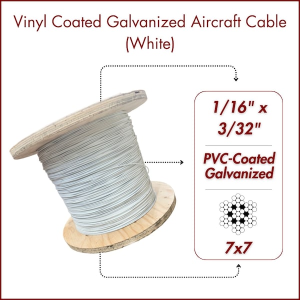 Laureola Industries 1/16in., 3/32in. 7x7 Vinyl Coated White Galvanized Cable 7x7 Strand Aircraft Cable Wire Rope, 100 ft ZAG116332-77-GPW-100 - main