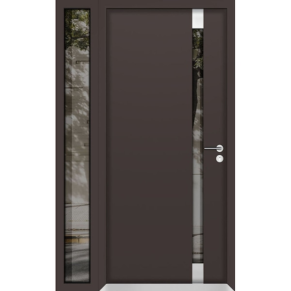 Vdomdoors Aluminum Door Cynex 6777 Brown Entry Steel Metal Modern Painted W32+14xH80 Left Inswing CYNEX6777EXD-BRW-W32+14xH80-LH-I - main