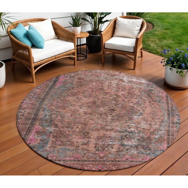 Homeroots 8' Pink And Mauve Round Medallion Washable Indoor Outdoor Area Rug 616072 - main
