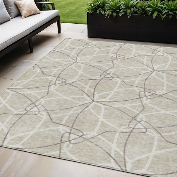 Homeroots 5' X 8' Beige And Ivory Geometric Washable Indoor Outdoor Area Rug 612984 - main