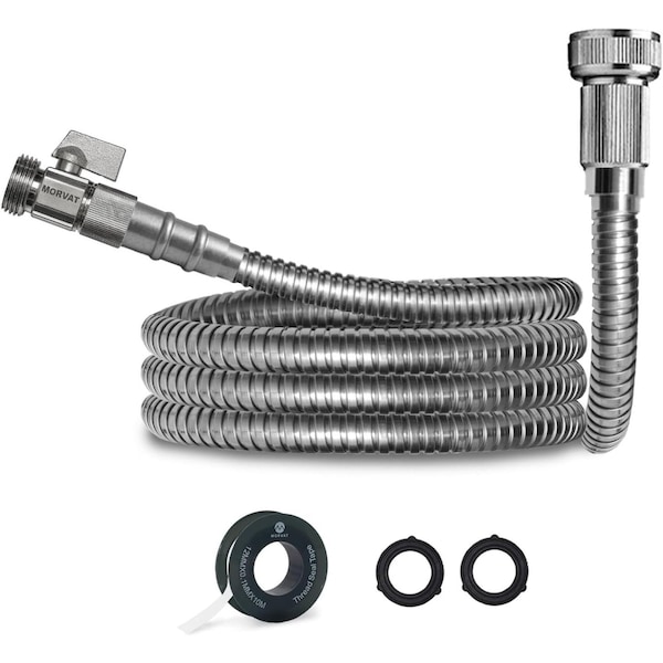 Morvat 1/2" x 3FT Premium Silver Stainless Steel Garden Hose with on/off Valve MOR-SS-HOSE-3-A - main