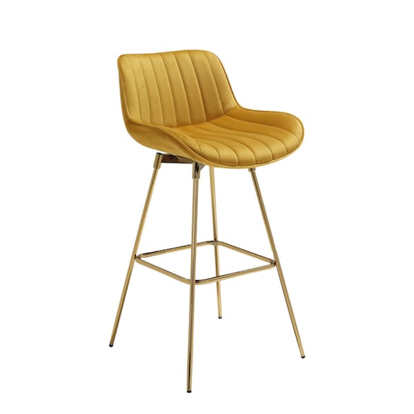 Homeroots Set of Two 29" Yellow and Gold Velvet and Metal Low Back Bar Height Swivel Bar Chairs 543458 - main