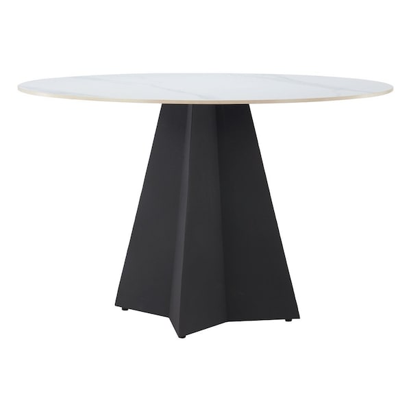 Homeroots 48" White and Black Sintered Stone and Steel Pedestal Base Round Dining Table 572234 - main