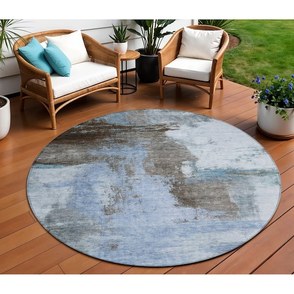 Homeroots 8' Blue Gray And Dark Brown Round Abstract Washable Indoor Outdoor Area Rug 602953 - main
