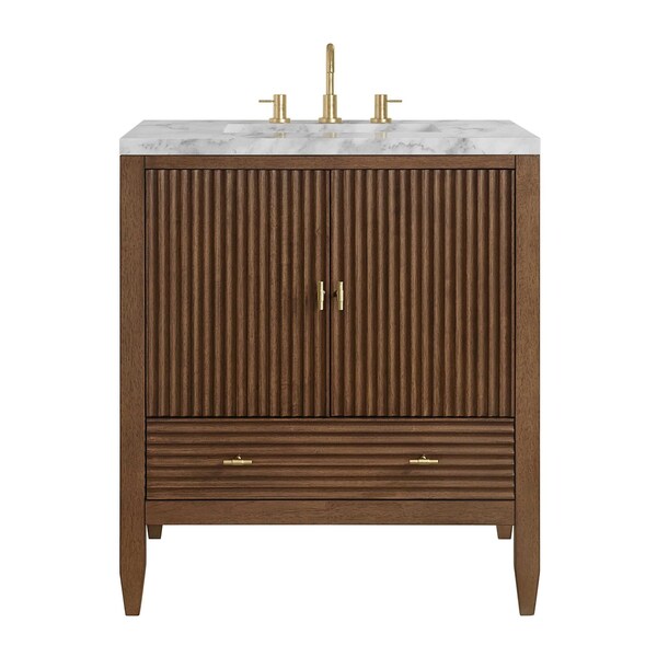 James Martin Vanities Myrrin 30" Single Vanity, Mid-Century Walnut w/ 3 CM Carrara Marble Top 485-V30-WLT-3CAR - main