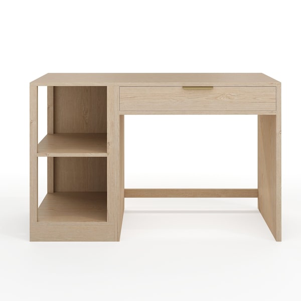 Martha Stewart Kayden Single-Drawer Desk w/2 Tier Shelf in Light Natural w/Brushed Gold Hardware KHO-23042-TBSF-LNT-GLD-MS - main