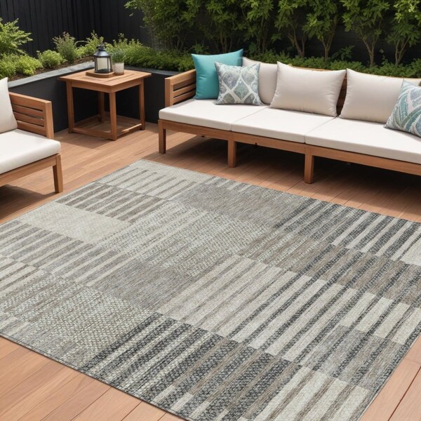 Homeroots 8' X 10' Beige Ivory And Taupe Striped Washable Indoor Outdoor Area Rug 613154 - main