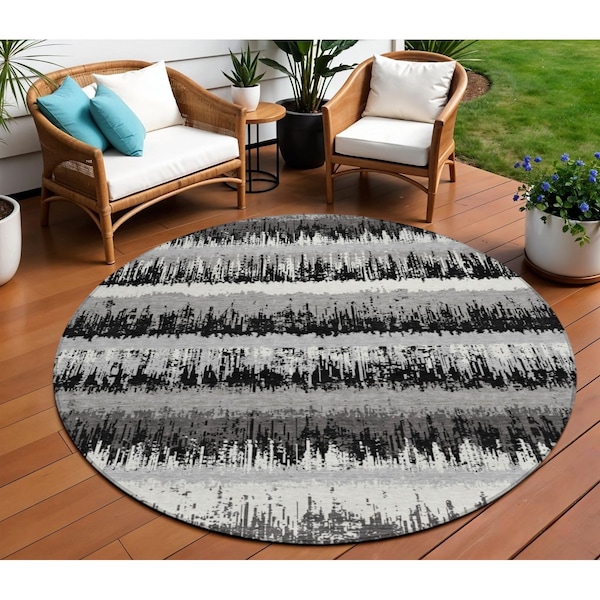 Homeroots 8' Black Gray And Ivory Round Striped Washable Indoor Outdoor Area Rug 598318 - main