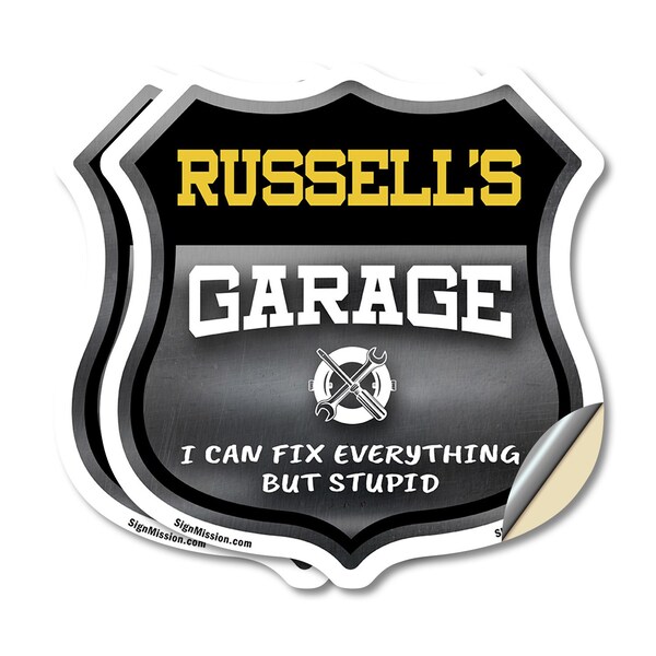 Signmission Russell's Garage I Can Fix Everything But Stupid, 4 inch X 4 inch, Vinyl Decal, 2PK SHI-D-2PACK-4-490-RUSSELL - main