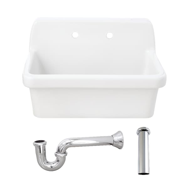 Kingston Brass 30" Ceramic Single Bowl Wall Mount Kitchen Sink with Strainer, White/Polished Chrome KGPKWS3019181 - main