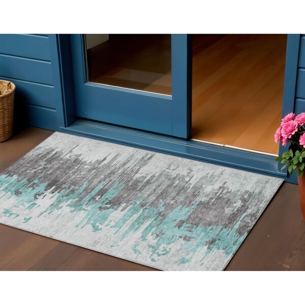 Homeroots 3' X 5' Teal Blue Charcoal And Silver Abstract Washable Indoor Outdoor Area Rug 582410 - main