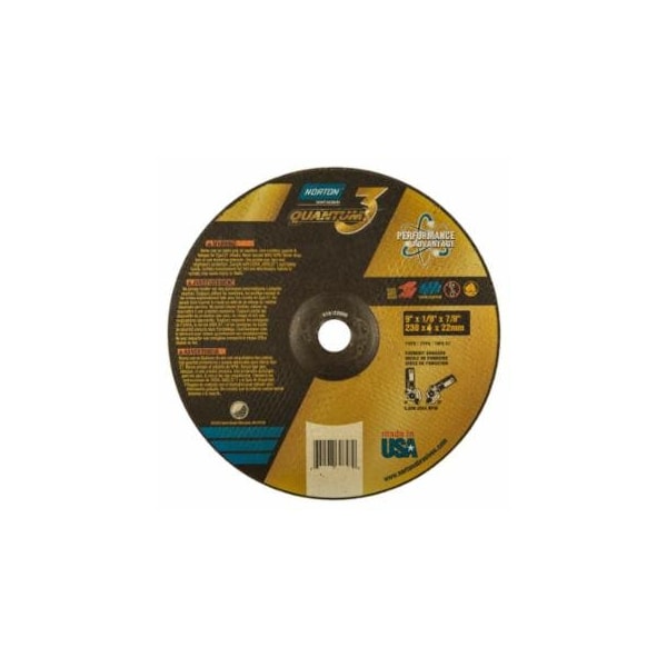 Norton Co Quantum3 SG CA Type 27 Grinding Wheel, 9 in dia, 1/8 in Thick, 7/8 in Arbor, 24 Grit, Ceramic, 20PK 547-66252839432 - main