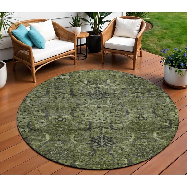 Homeroots 8' Olive Green And Charcoal Round Damask Washable Indoor Outdoor Area Rug 603331 - main