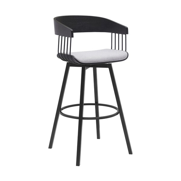 Armen Living Athena 31in Swivel Black Wood Bar Stool in Light Gray Fabric with Black Metal LCATBABLKLTGR30 - main