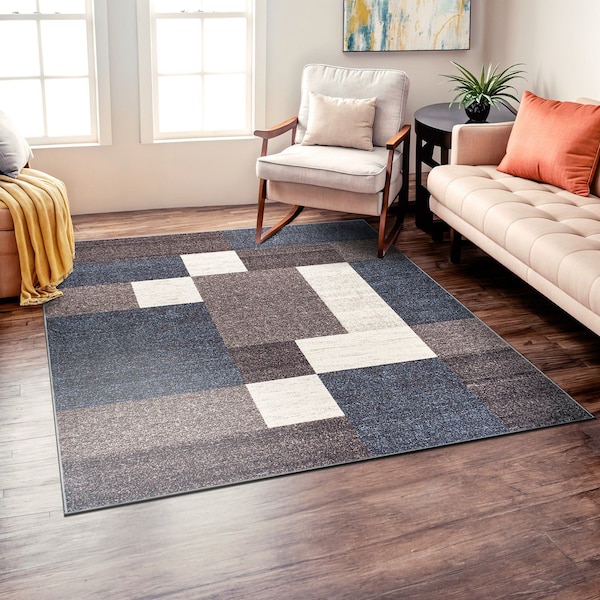 World Rug Gallery Contemporary Modern Geometric Boxes Design Non-Slip Area Rug 6 ft 6 in x 6 ft 6 in Square Blue 506BLUE6SQ - main