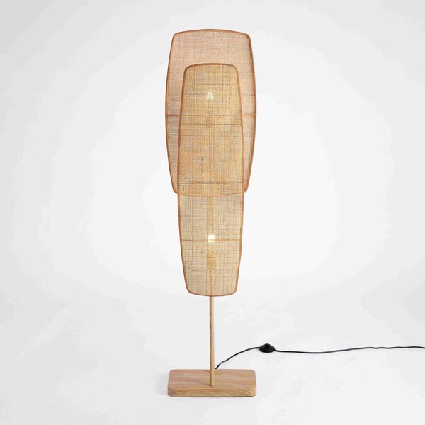 Vidalite Amud Bamboo Wicker Floor Lamp with Natural Wood Finish, Stitched Velvet Detailing CE1009079 - main