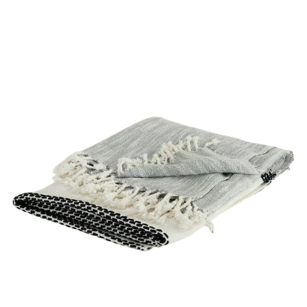 Homeroots 50" X 60" Gray Cotton Woven Color Block Throw Blanket with Fringe 518804 - main