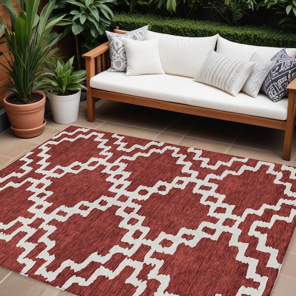 Homeroots 9' X 12' Brick Red And Ivory Geometric Washable Indoor Outdoor Area Rug 593742 - main