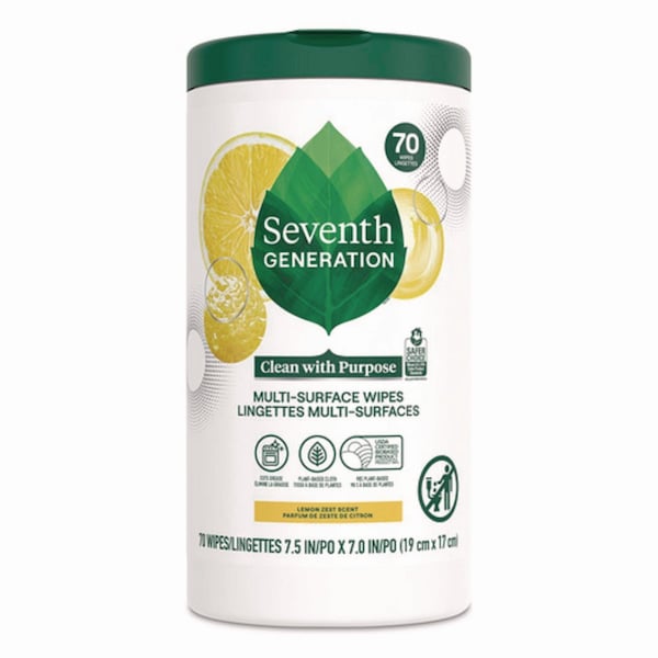 Seventh Generation Multi-Surface Wipes, 7 x 7, Lemon Zest, White, 70 Wipes/Canister, 6PK 69657417 - main