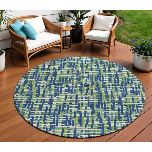 Homeroots 8' Navy Blue Green And Ivory Round Abstract Washable Indoor Outdoor Area Rug 602577 - main