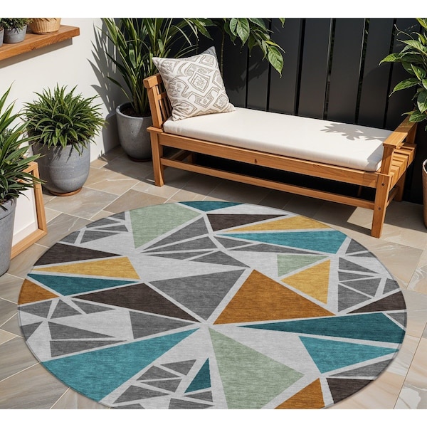 Homeroots 8' Gray Copper And Brown Round Geometric Washable Indoor Outdoor Area Rug 600368 - main