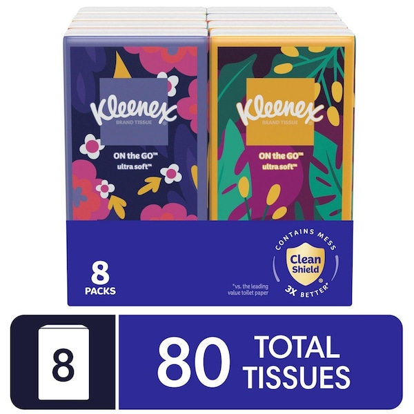 Kleenex Facial Tissues, Soft Pack, On-The-Go, 80 Sheets/Pack, 3 Ply, 8 PK 46651 - main