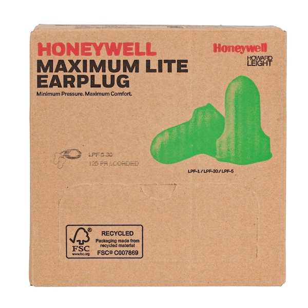 Howard Leight MAXIMUM LITE Disposable Foam Ear Plugs, Bell Shape, 30 dB, Green, 5 PK LPF-5-30 - main