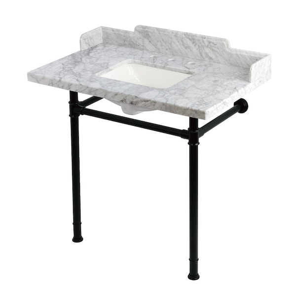 Kingston Brass 36-Inch Carrara Marble Console Sink with Stainless Steel Legs, 8-Inch, 3-Hole KMS36227M38SQ0 - main