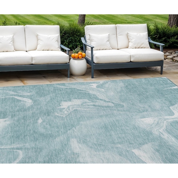 Homeroots 10' X 14' Teal Blue And Aqua Abstract Washable Indoor Outdoor Area Rug 587493 - main