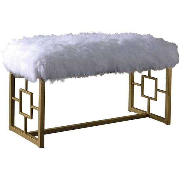 Homeroots 18in White and Gold Faux Fur And Metal Bench 347540 - main