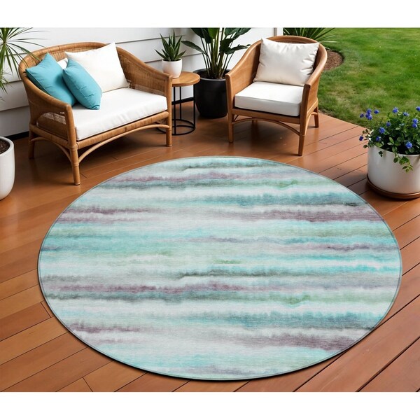 Homeroots 8' Teal Blue Plum And Ivory Round Striped Washable Indoor Outdoor Area Rug 631415 - main