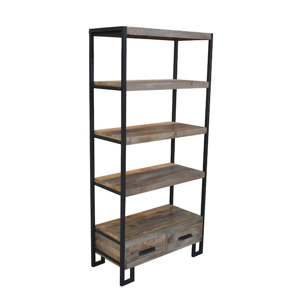 Homeroots 71" Brown Distressed Solid Wood Four Tier Etagere Bookcase with Two Drawers 488872 - main