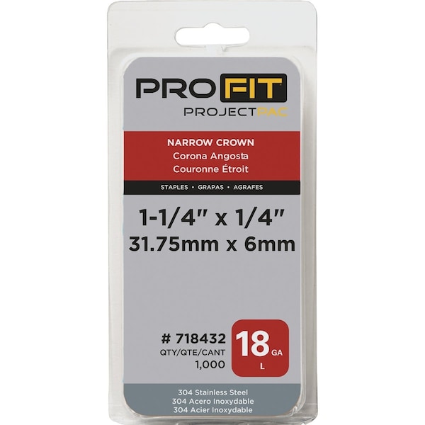 Pro-Fit 1/4'' x 1-1/4'' 18 Gauge 304-Stainless Steel L-Style Narrow Crown Staple, 1000 Ct. 718432 - main