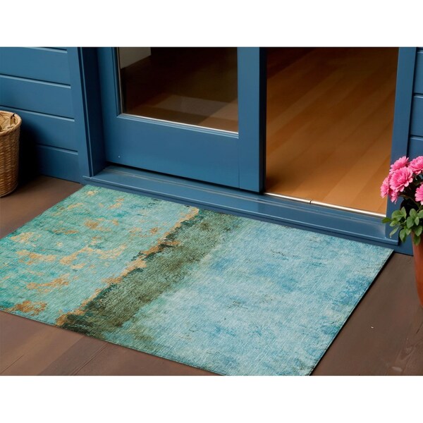 Homeroots 3' X 5' Teal Blue And Gold Abstract Washable Indoor Outdoor Area Rug 618631 - main