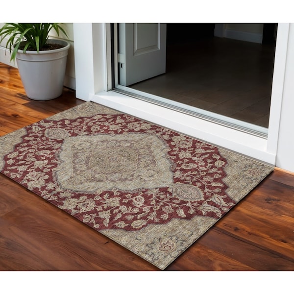 Homeroots 3' X 5' Red Beige And Brown Oriental Washable Indoor Outdoor Area Rug 605247 - main