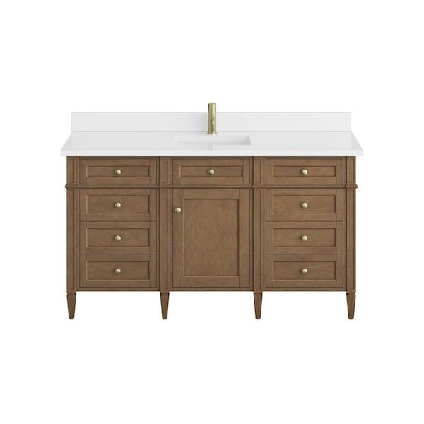 James Martin Vanities Brittany 60" Sgl Vanity, Pecan w/ Sgl Hole 3 CM White Zeus Silestone Top and Matching Backsplash 655-V60S-PCN-1WZ - main