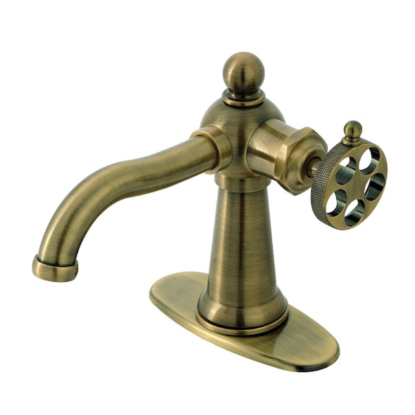 Kingston Brass One-Handle Single-Hole Bathroom Faucet with Knurled Handle and Push Pop-Up Drain, Antique Brass KSD3543RKZ - main