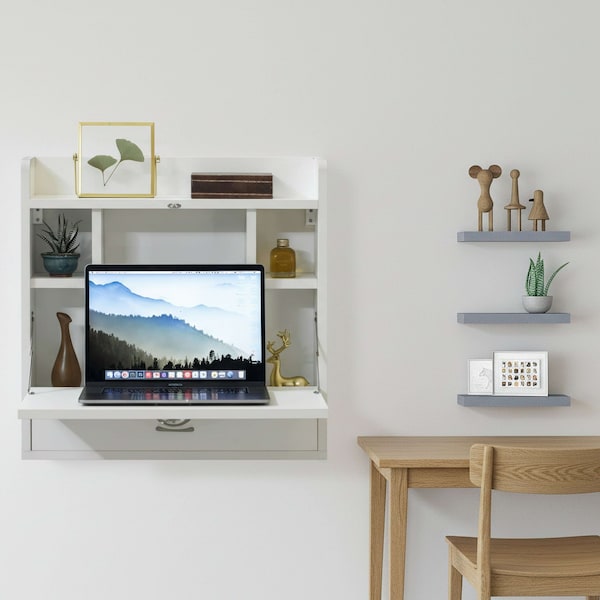Basicwise Wall Mount Folding Laptop Writing Computer or Makeup Desk with Storage Shelves and Drawer, White QI004015.WT - main