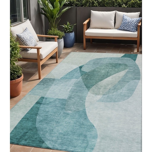 Homeroots 5' X 8' Teal Blue And Ivory Abstract Washable Indoor Outdoor Area Rug 630436 - main
